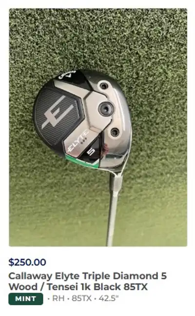 The Loft Line spec-first listing card showing club shaft flex, length, and details